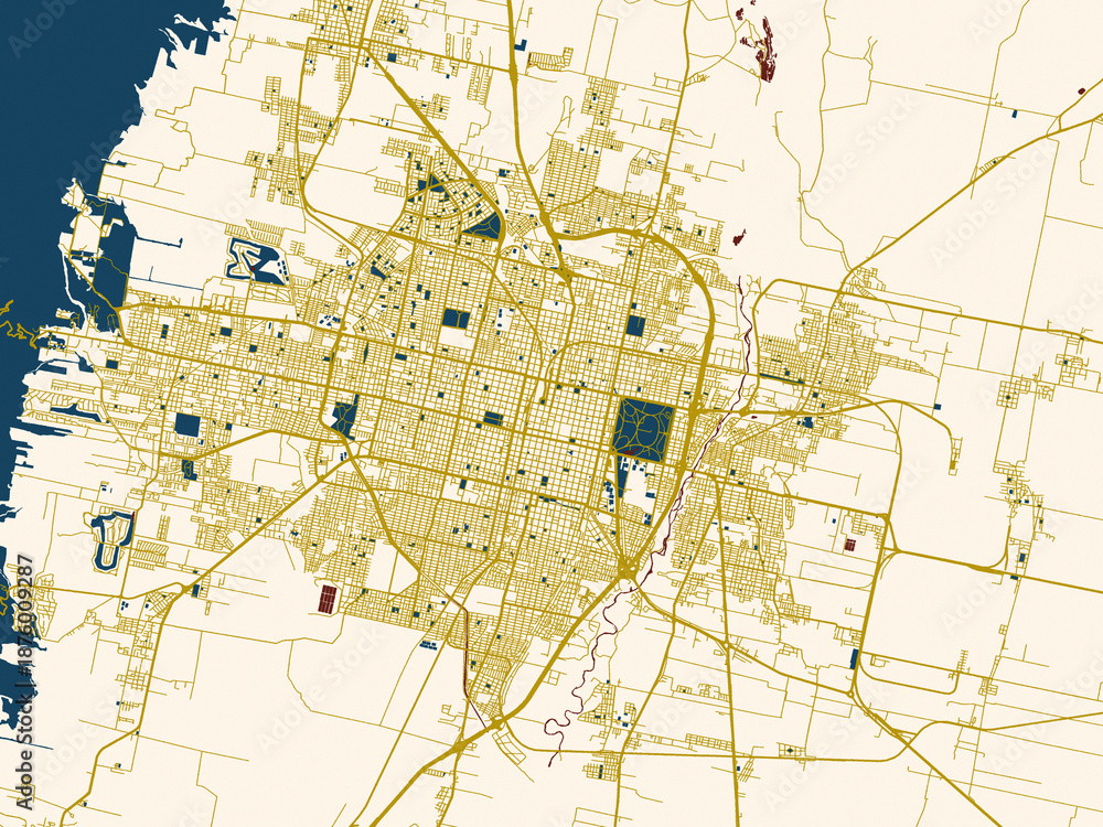 Fototapeta premium Modern graphic street map of San Miguel de Tucuman, Argentina, with rich red water shapes with ivory land and golden street network accents