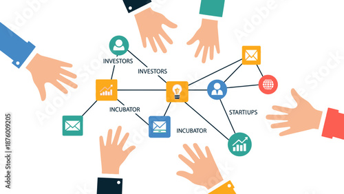 Network diagram with diverse hands reaching in.