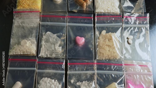Pink heart shaped pressed pill ecstasy MDMA display. Fentanyl type opioid drugs in small packages drug bust concept . Synthetic opioids Nitazenes.