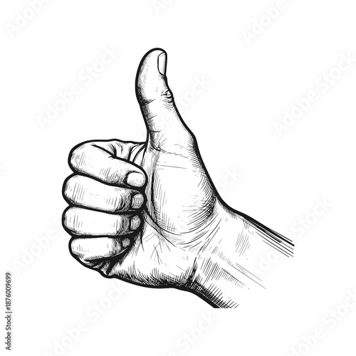 Hand giving thumbs up. Black white vector illustration.