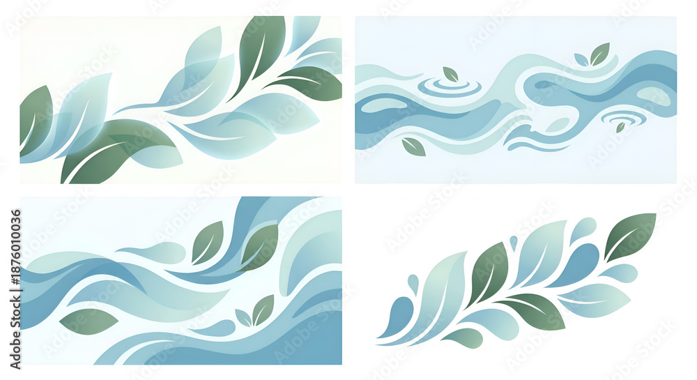 Obraz premium A serene illustration of leaves and waves in a harmonious blend of blue hues on a transparent background and gentle curves from a top-down viewpoint 