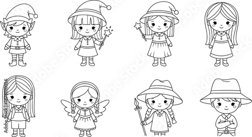 Cute cartoon girl characters line art set with fairy, elf, witch costumes, kawaii children illustration vector collection for kids design