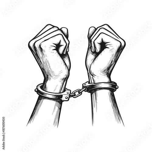 Hands being handcuffed for a crime. Black white vector illustration.