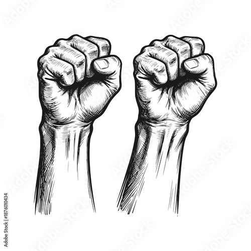 Hands that are clenched into fists upwards. Black white vector illustration.