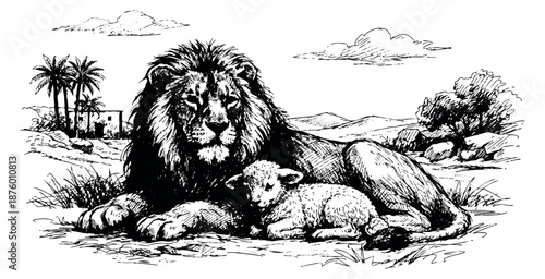 Hand drawn line art illustration of a lion and lamb depicting peace and harmony for religious themes