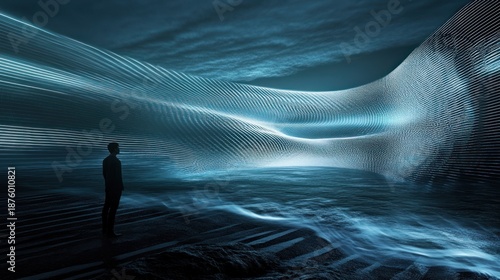 Acoustic deterrent device, emitting complex sound wave patterns visualized as light, protecting a marine sanctuary, non-invasive tech, clean design