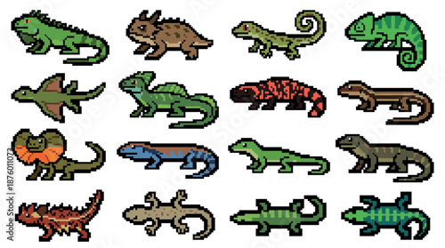 Pixel art collection of sixteen different lizard species, featuring a variety of colorful reptiles designed as classic 8-bit video game character sprites for a digital bestiary