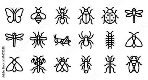 Various insect and bug line art icons featuring a butterfly, bee, ant, beetle, dragonfly, and spider in a simple, minimalist black and white graphic collection