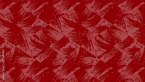 Seamless Abstract Grunge Pattern Featuring Energetic Red Brush Strokes and Splatters Arranged in a Dynamic Geometric Grid on a Maroon Background, Perfect for Edgy Graphics and Apparel