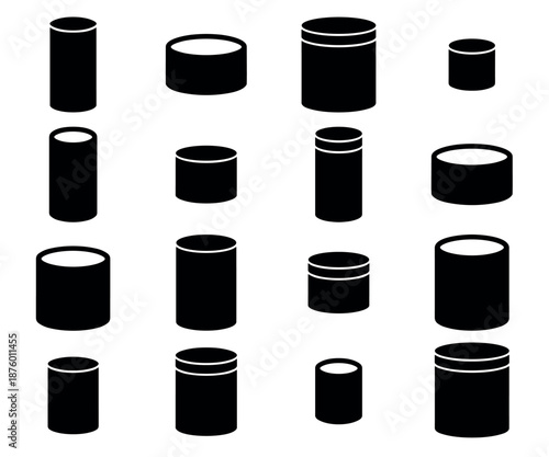 Set of black cylinder container icons in various shapes and sizes, a minimalist graphic collection of can, jar, and tube silhouettes representing product packaging
