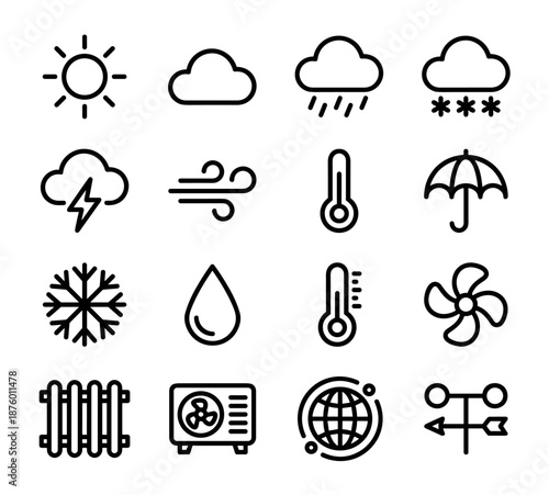 Collection of sixteen black outline weather and climate control icons showing sun, rain, snow, wind, temperature, and heating and cooling systems in a simple linear style