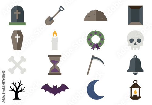 Set of flat funeral and death icons featuring a tombstone, coffin, skull, scythe, bat, and wreath, symbolizing grief, mortality, and spooky Halloween celebrations