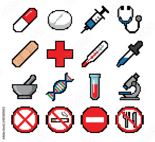 Set of pixel art medical icons including a pill, syringe, stethoscope, and DNA helix in a retro 8-bit video game style illustration