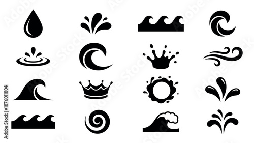 Collection of black water icons and symbols representing various liquid forms like drops, splashes, ocean waves, and swirls in a minimalist graphic design style