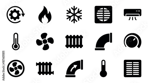 Black glyph icon set for heating, ventilation, and air conditioning systems, featuring pictograms for temperature, airflow, cooling, and heating elements like fans and radiators