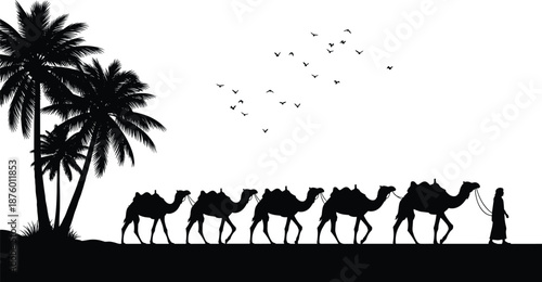 Black silhouette of a camel caravan with bedouin walking through the desert near palm trees and birds for Middle East travel design.