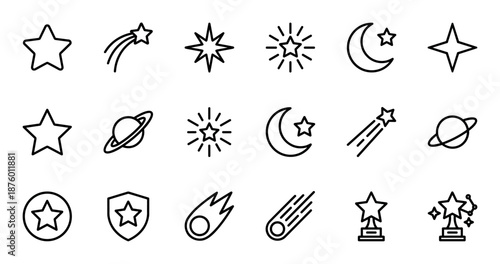 Set of black line art icons featuring various star shapes, shooting stars, planets with rings, meteors, and award trophies in a clean, minimalist vector graphic style