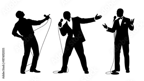 Silhouettes of singers performing on stage with microphones