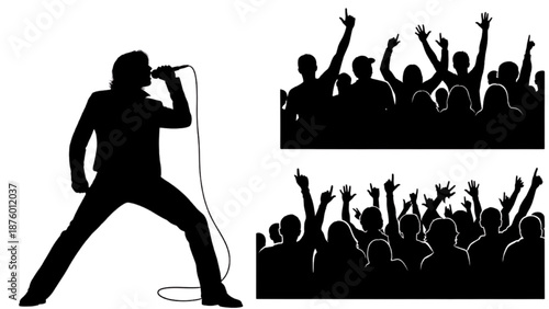 Live music performance with singer and cheering audience silhouettes on white background