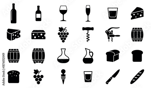 Large set of black wine and cheese icons including bottles, glasses, grapes, corkscrews, and bread in a minimalist vector style for food and drink concepts
