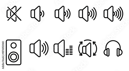 Black outline audio and sound icons set featuring various symbols for volume control, mute, speaker, and headphones in a clean, minimalist vector graphic style for user interfaces