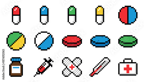 Set of pixel art medical icons featuring colorful pills, a syringe, thermometer, and first aid kit in a retro 8-bit video game style for health and pharmacy concepts