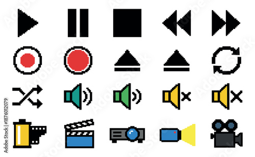 Collection of colorful pixel art icons for media players and video production, featuring play, pause, record, and volume controls in a retro 8-bit graphic user interface style