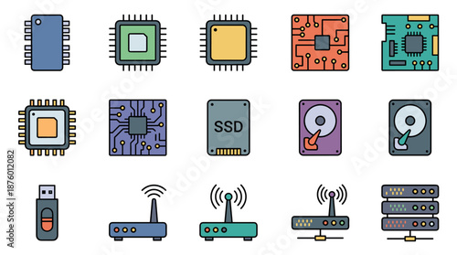 Set of colorful computer hardware icons including microchips, hard drives, routers, and servers, illustrated in a simple flat line art style for technology concepts