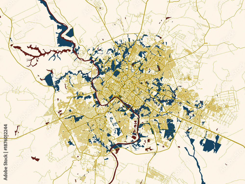 Fototapeta premium Poster-style map of Cuiaba, Brazil using cream map with gold lines