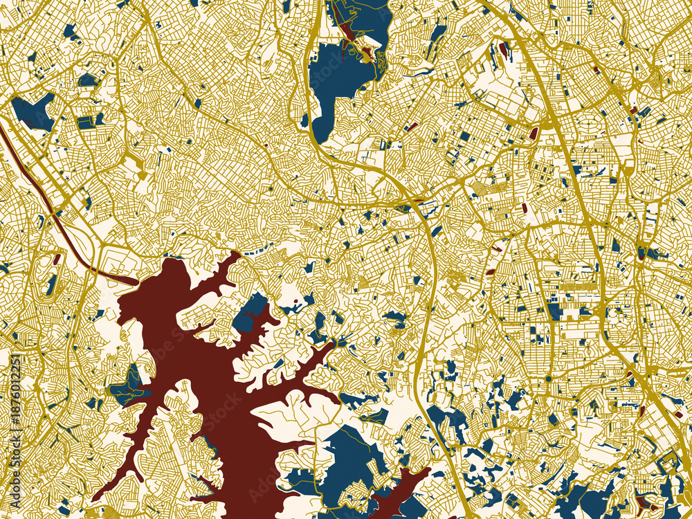Fototapeta premium Decorative abstract map of Diadema, Brazil, featuring warm gold street grid over a cream background with bold deep-red water areas