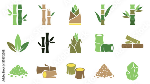 Collection of colorful bamboo icons showing stalks, leaves, shoots, salt, and other natural products in a flat vector illustration style for ecological concepts