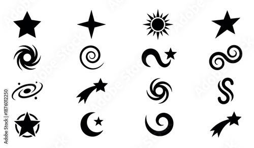 Set of black celestial and abstract icons featuring stars, sun, moon, galaxy, shooting stars, and various swirl and spiral shapes in a clean minimalist graphic style