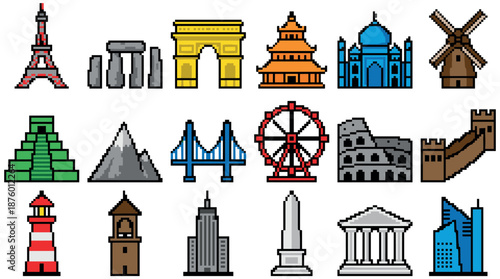 Collection of pixel art world landmark icons showing famous buildings and monuments in a retro 8-bit video game style, representing global travel and tourism concepts