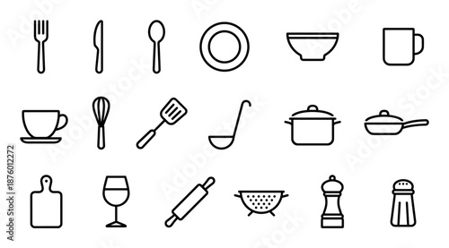 Set of black line art kitchen and dining icons in a minimalist style, featuring various utensils, cookware, and tableware for cooking and eating concepts