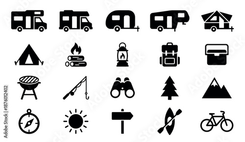 Set of twenty black solid icons for outdoor activities and travel, showing an RV, tent, barbecue, mountain, compass, and bicycle in a clean, minimalist vector style