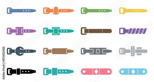 Colorful cable tie and plastic strap icons featuring different locking mechanisms and buckle styles, displayed as a set of flat design vector illustrations in a neat grid