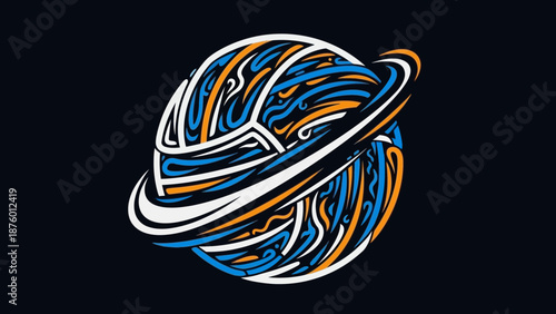 A stylized volleyball with swirling patterns and a ring around it, set against a dark background.