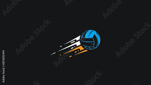 A dynamic illustration of a blue volleyball in motion with motion blur effects against a black background.