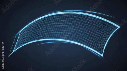 A futuristic blue grid overlay curves across a dark background, suggesting digital interfaces or advanced technology.
