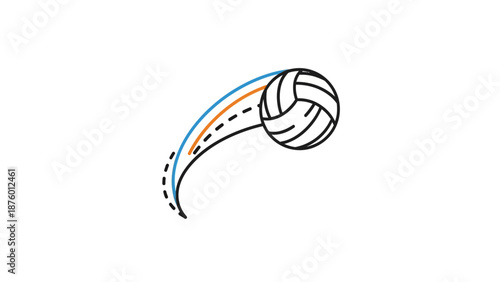 Illustration of a volleyball in motion, showing its trajectory with dotted lines and curves.