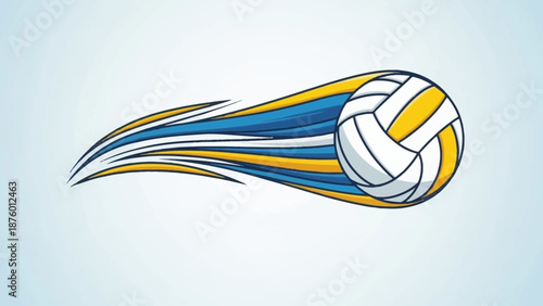 A dynamic illustration of a volleyball in motion with a trail of blue and yellow streaks behind it.