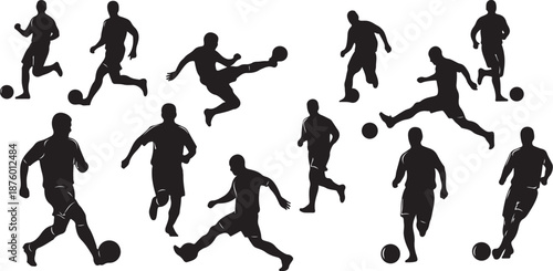 Silhouettes of soccer players in various kicking positions action
