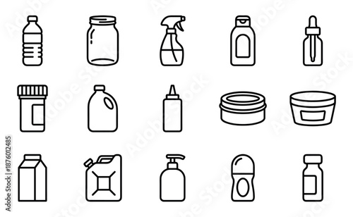 Various container and packaging line icons showing bottles, jars, jugs, and dispensers for household, cosmetic, and food products in a simple black outline vector illustration style
