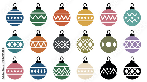 Colorful collection of Christmas tree ornaments with various modern geometric patterns, including zigzags, dots, and stripes, presented as a flat design icon set
