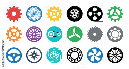 Colorful collection of flat vector icons representing mechanical and industrial objects like gears, wheels, fans, and propellers, illustrating engineering and technology concepts