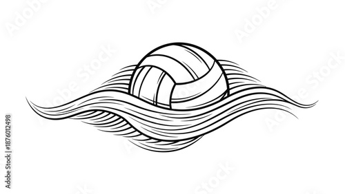 A stylized black and white illustration of a volleyball emerging from abstract wavy lines, suggesting motion or water.