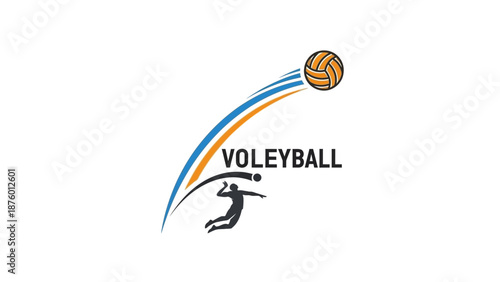 Volleyball sport logo with a player spiking the ball with dynamic lines and text.