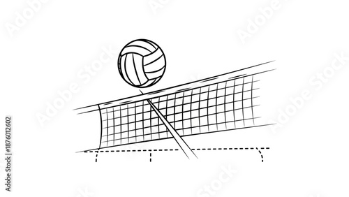 A black and white sketch of a volleyball about to be hit over the net by a player's hand.