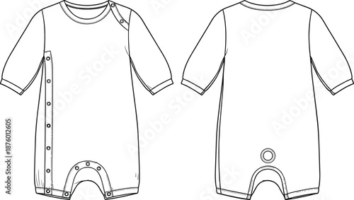 cad drawing flat vector illustration, baby romper sketch, infant garment template, fashion technical design, vertical placket view, romper blueprint