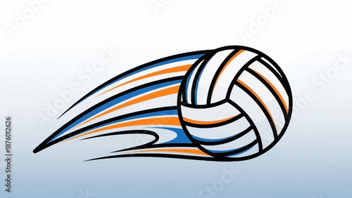 A dynamic illustration of a volleyball in motion with stylized streaks of orange and blue.